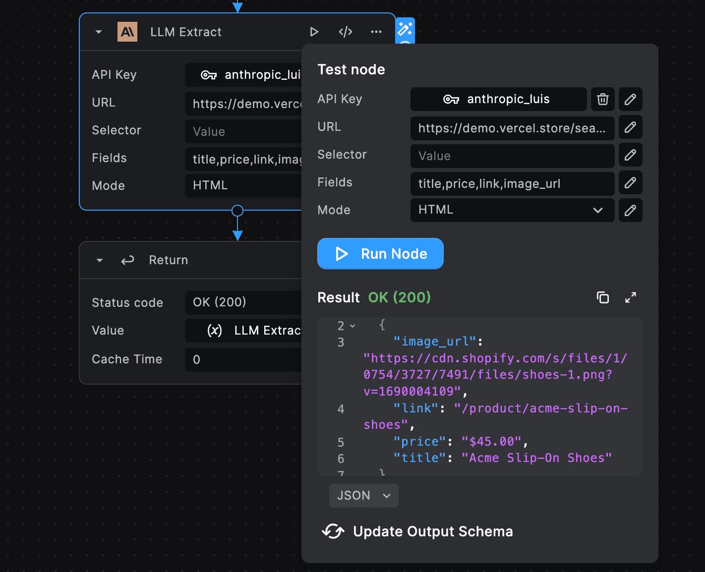 LLM extract node results